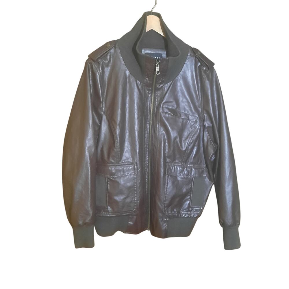 Therapy Womens Brown Faux Leather Bomber Jacket Ribbed Detail Size 3X